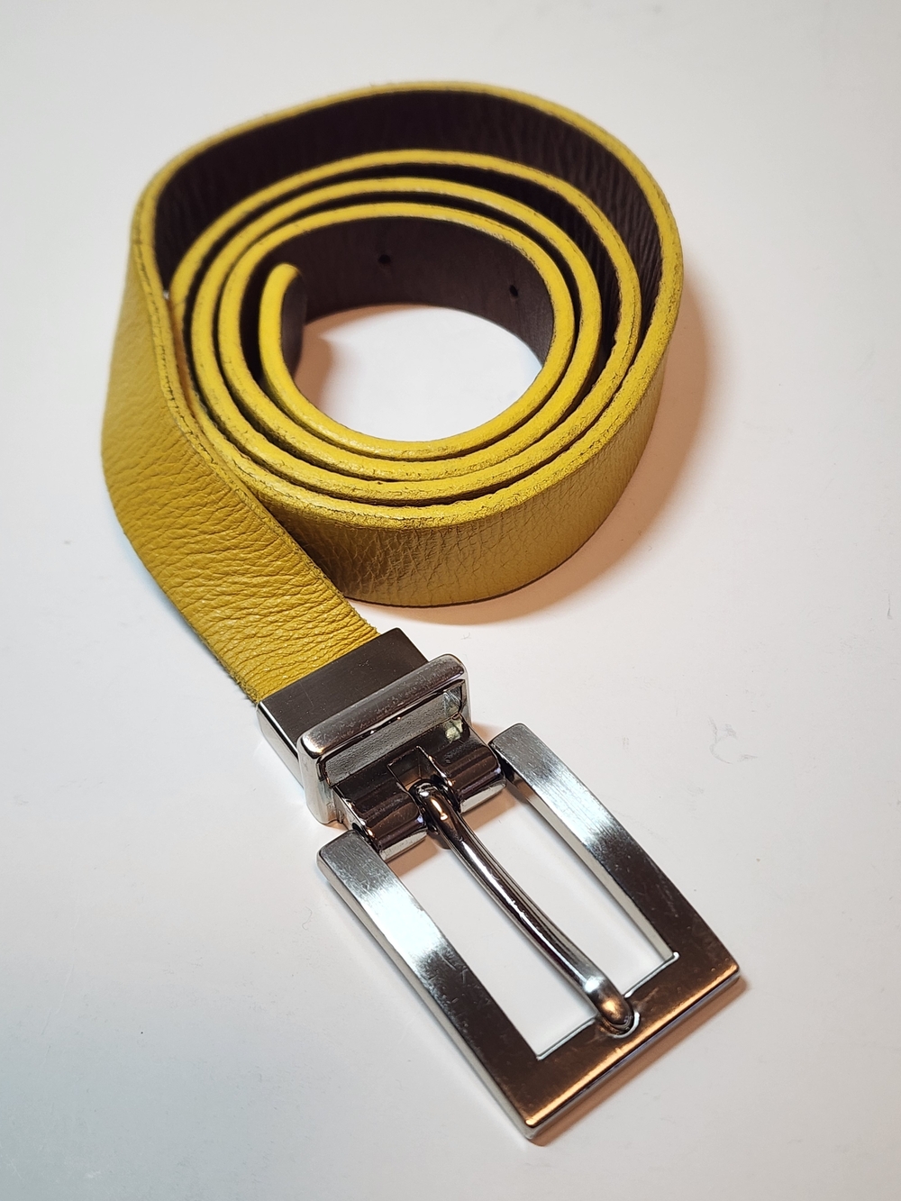 36" Yellow Leather Belt with Silver Tone Buckle, 0.7" wide